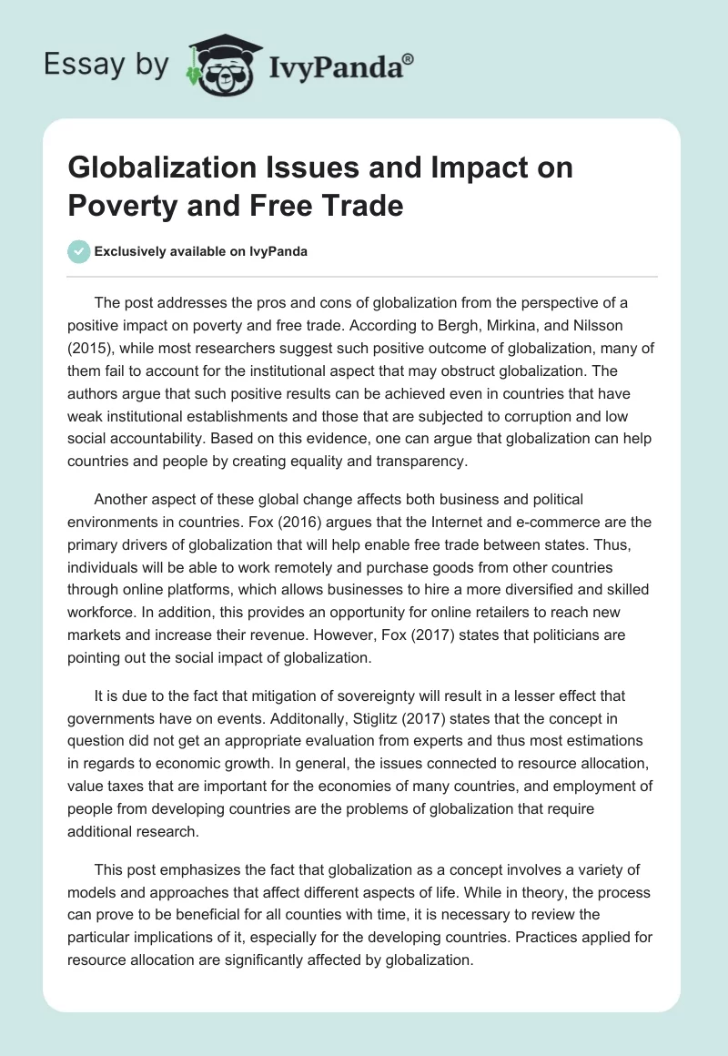 Globalization Issues and Impact on Poverty and Free Trade. Page 1