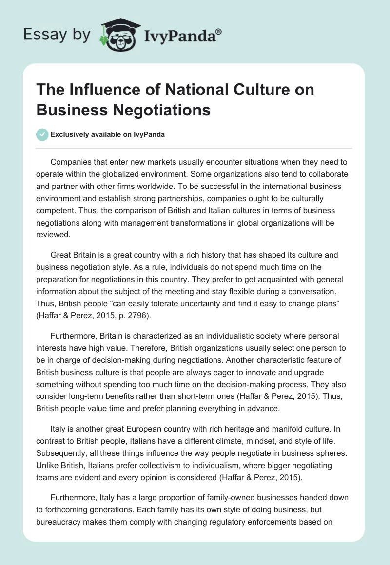 The Influence of National Culture on Business Negotiations. Page 1