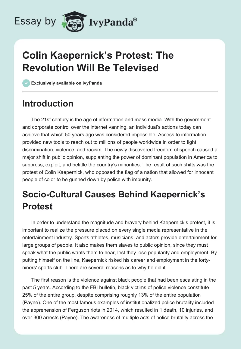 Colin Kaepernick’s Protest: The Revolution Will Be Televised. Page 1