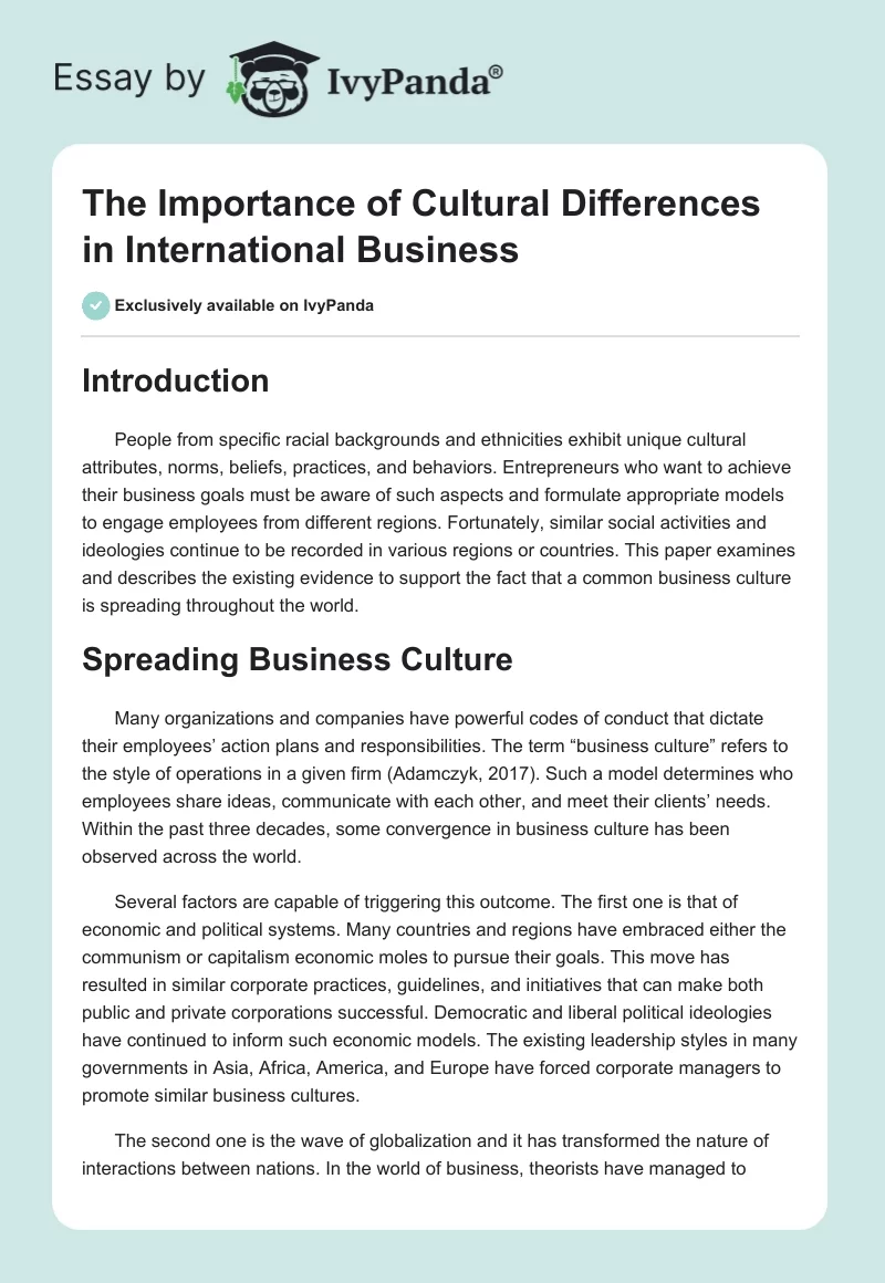 The Importance of Cultural Differences in International Business. Page 1