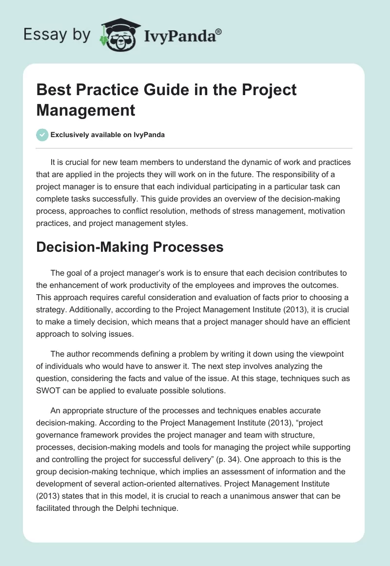 Best Practice Guide in the Project Management. Page 1