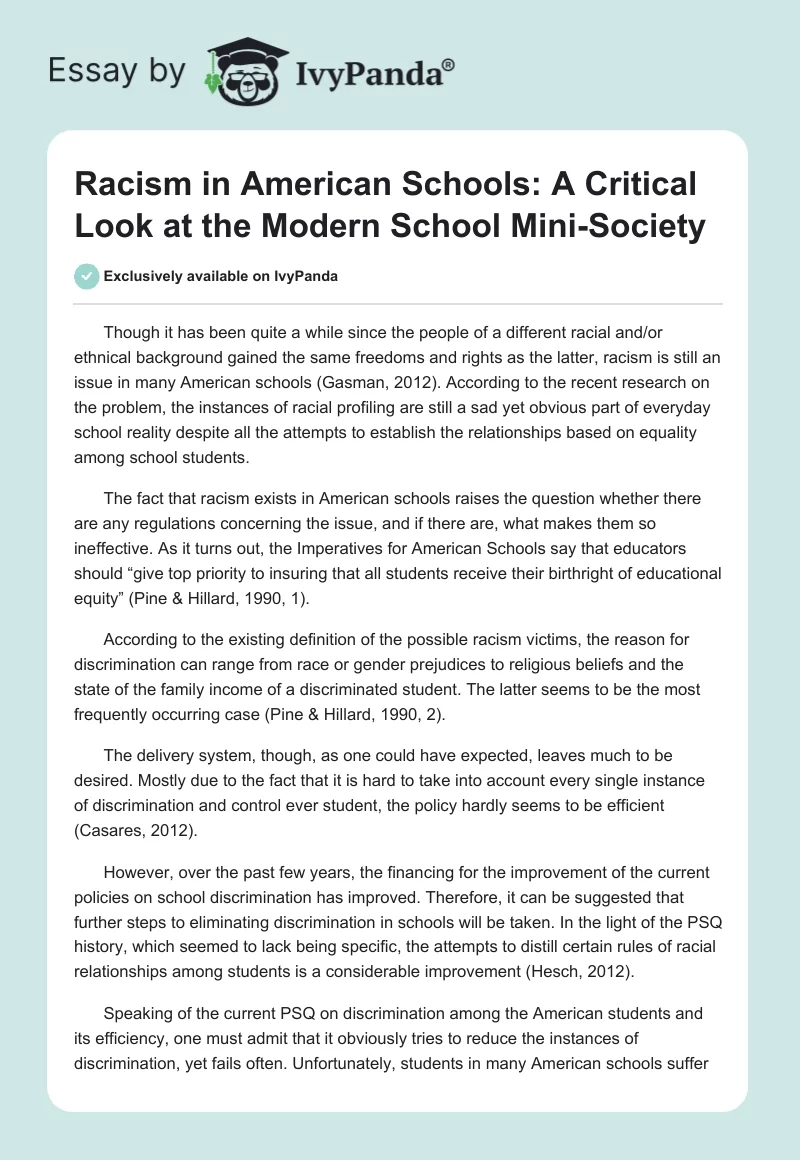 Racism in American Schools: A Critical Look at the Modern School Mini-Society. Page 1