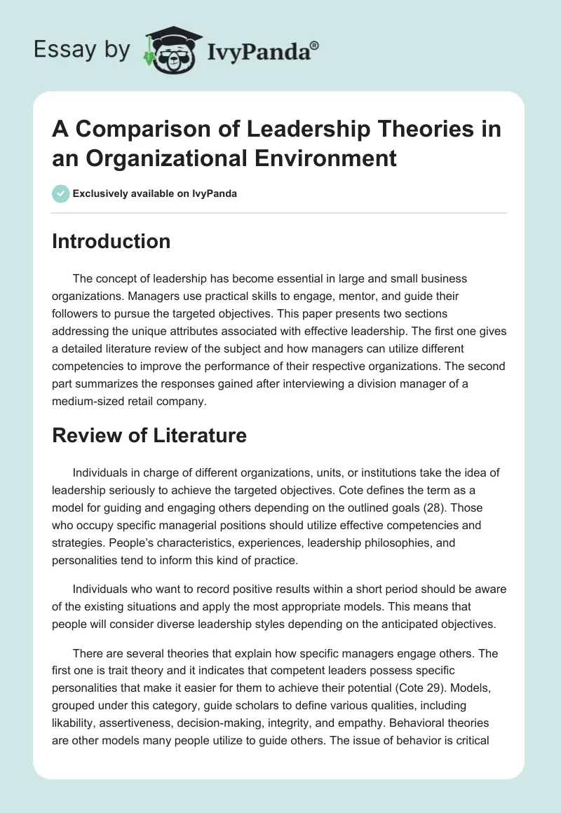 A Comparison of Leadership Theories in an Organizational Environment. Page 1