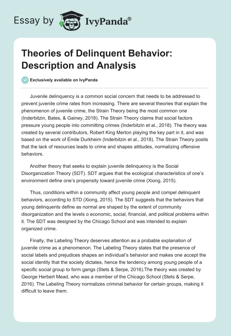 Theories of Delinquent Behavior: Description and Analysis. Page 1