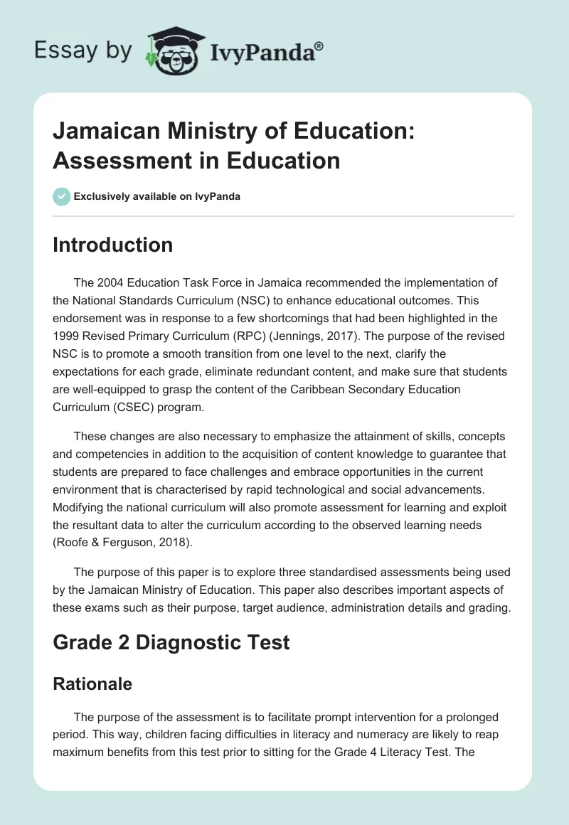 Jamaican Ministry of Education: Assessment in Education. Page 1