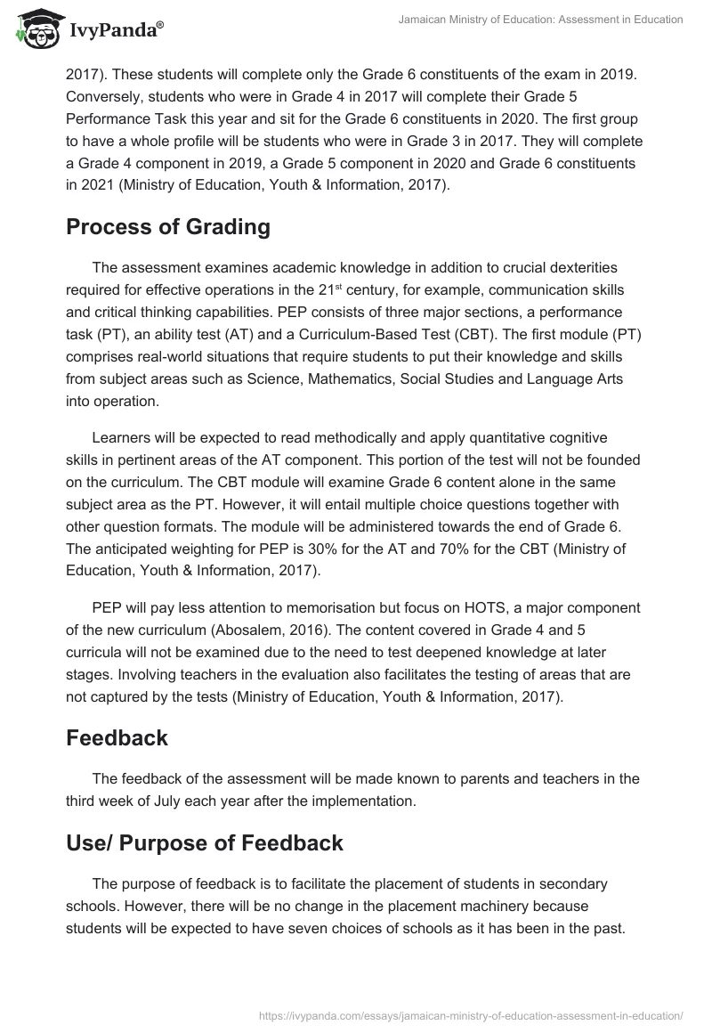 Jamaican Ministry of Education: Assessment in Education. Page 5