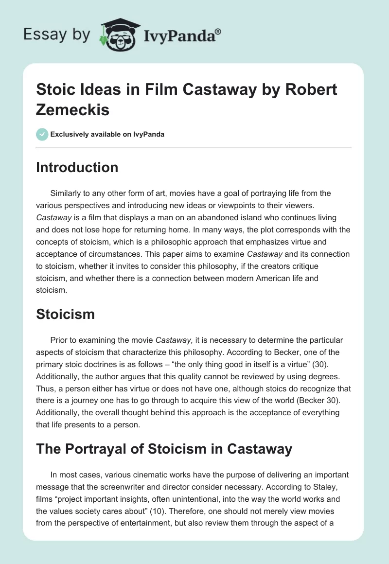 Stoic Ideas in Film "Castaway" by Robert Zemeckis. Page 1