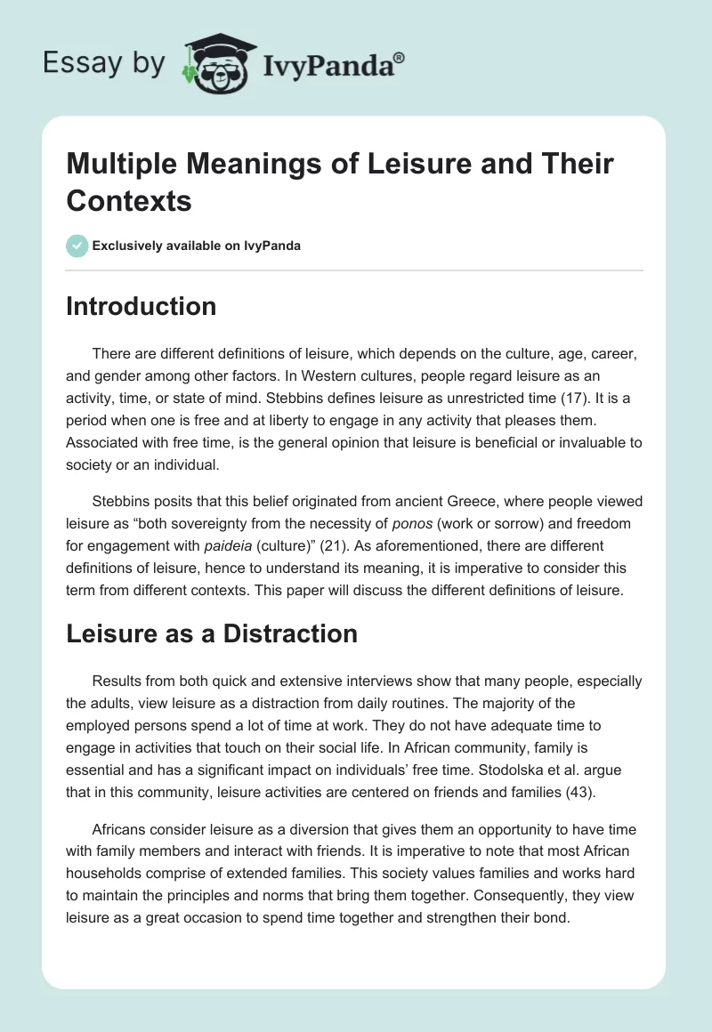 Multiple Meanings of Leisure and Their Contexts. Page 1