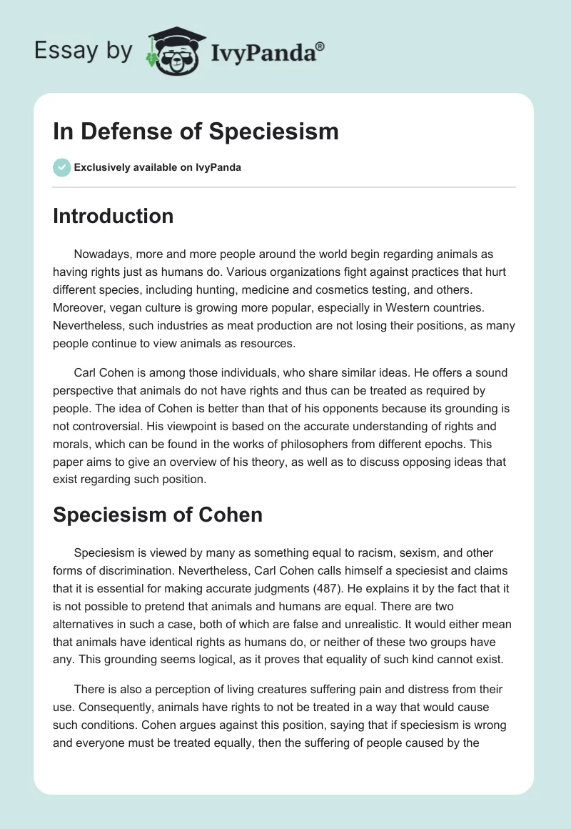 In Defense of Speciesism. Page 1