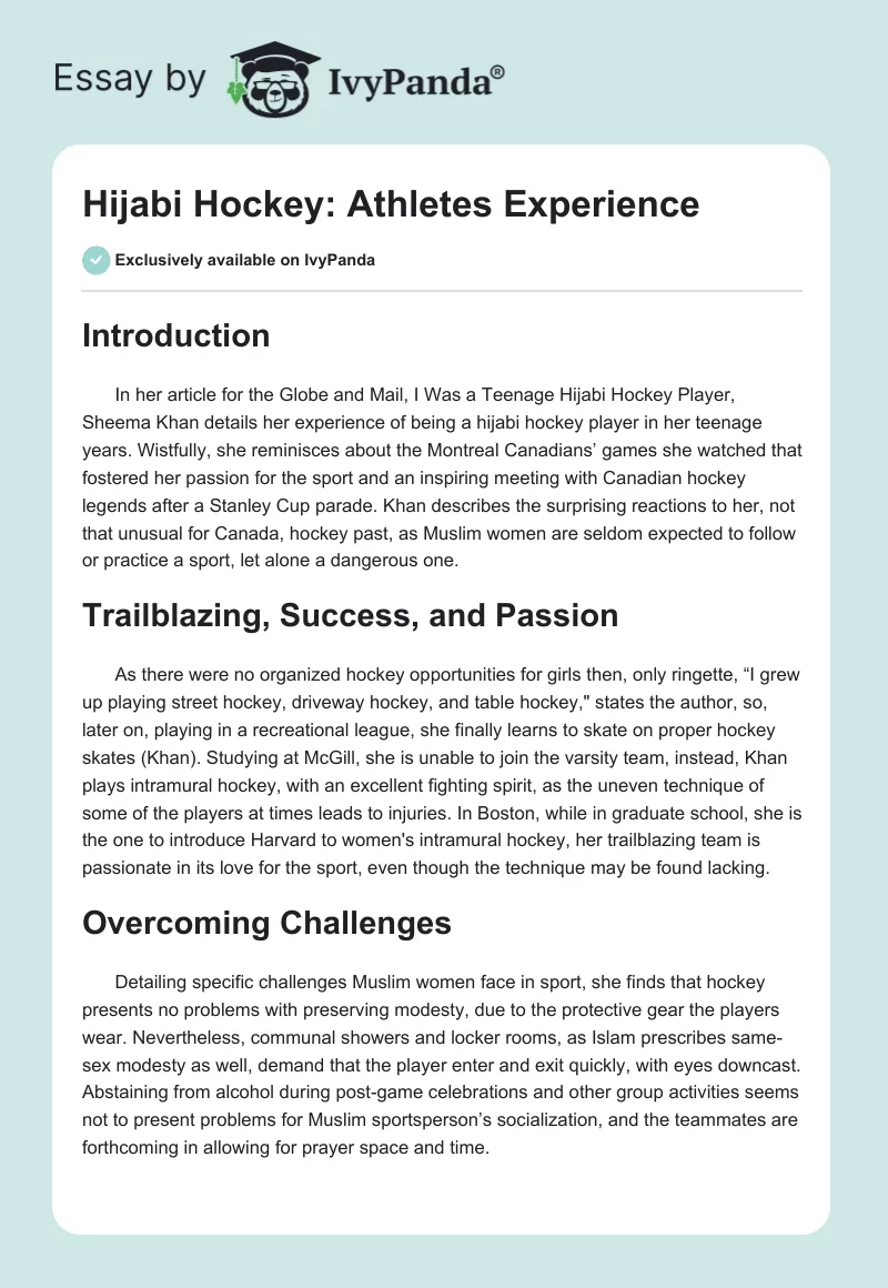Hijabi Hockey: Athletes Experience. Page 1