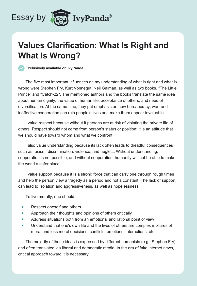 Values Clarification: What Is Right and What Is Wrong?. Page 1