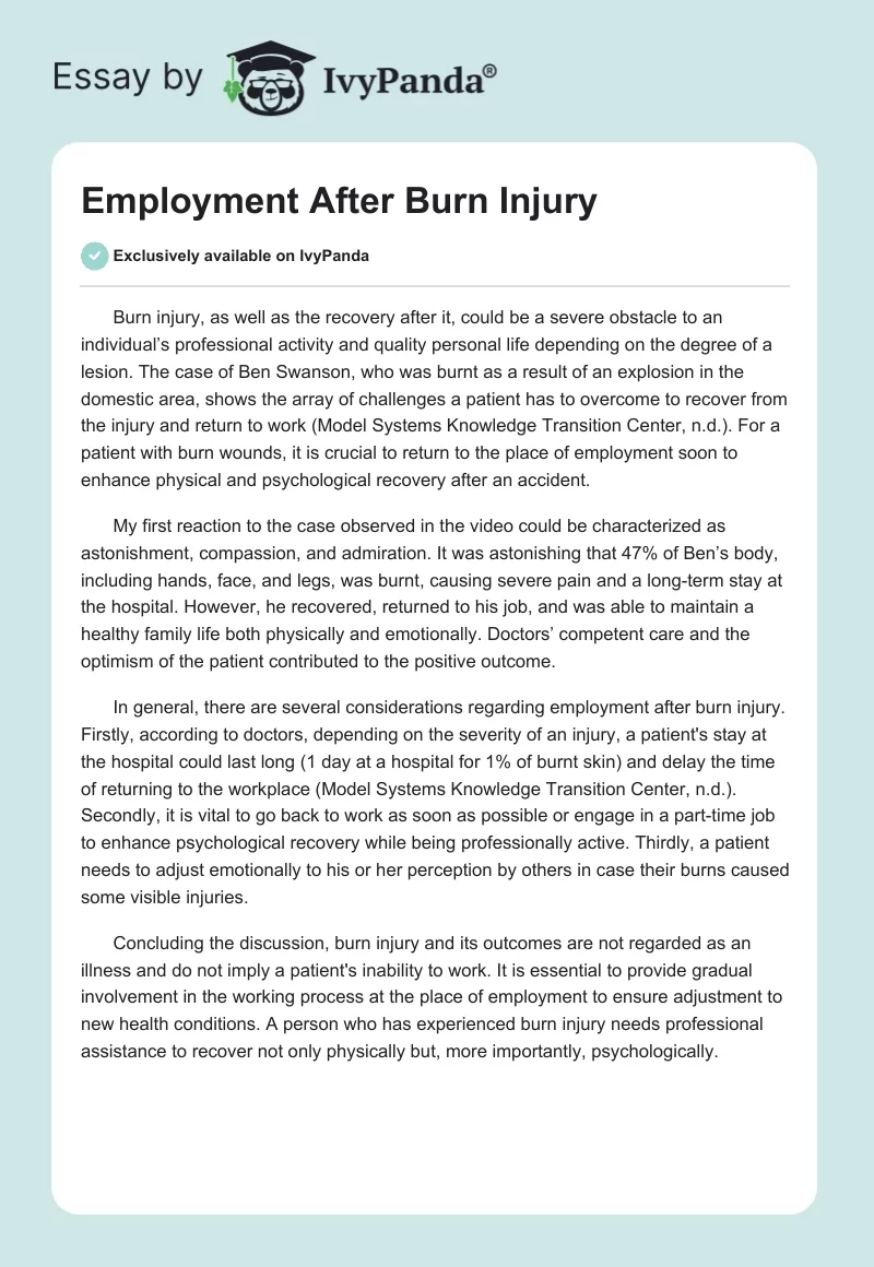 Employment After Burn Injury. Page 1