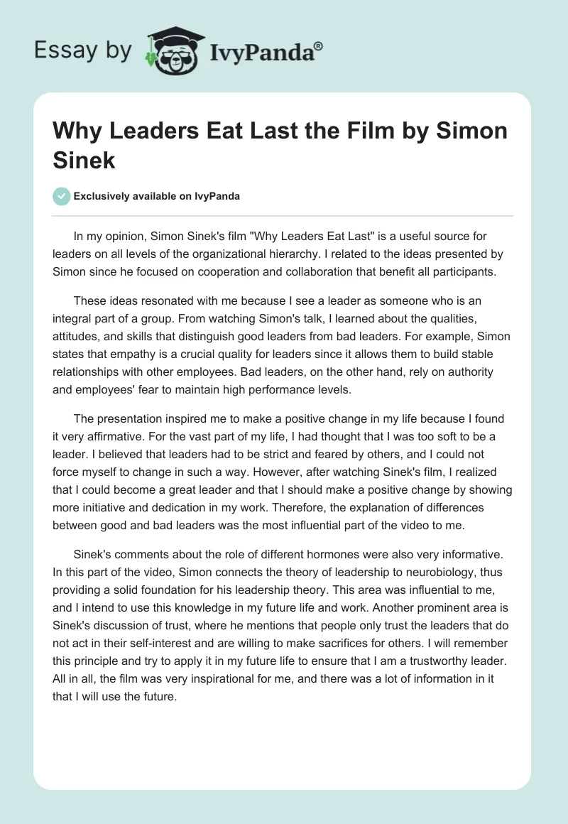 "Why Leaders Eat Last" the Film by Simon Sinek. Page 1