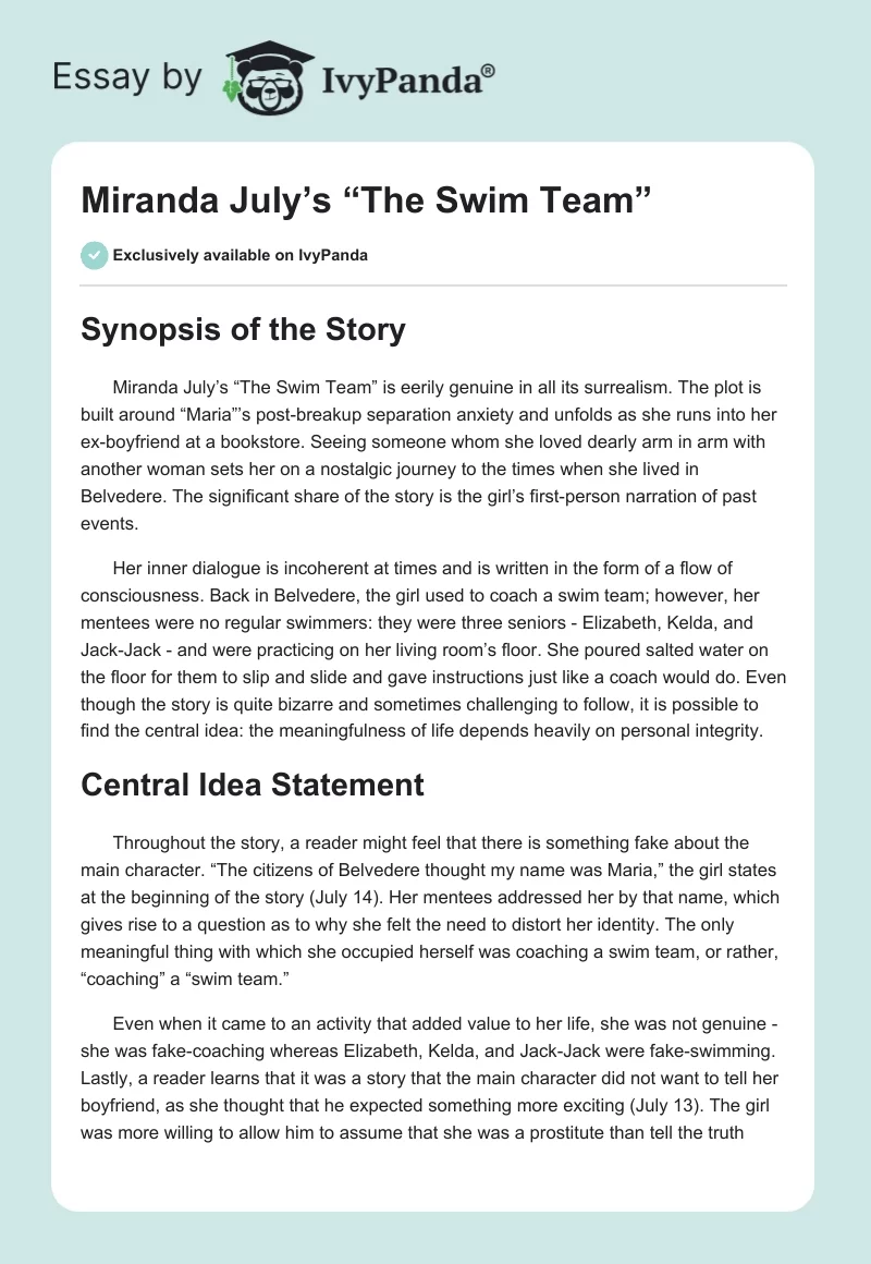 Miranda July’s “The Swim Team”. Page 1