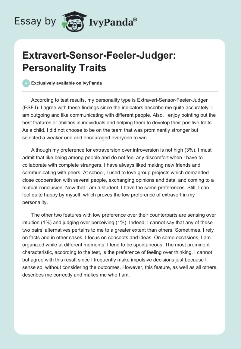 Extravert-Sensor-Feeler-Judger: Personality Traits. Page 1