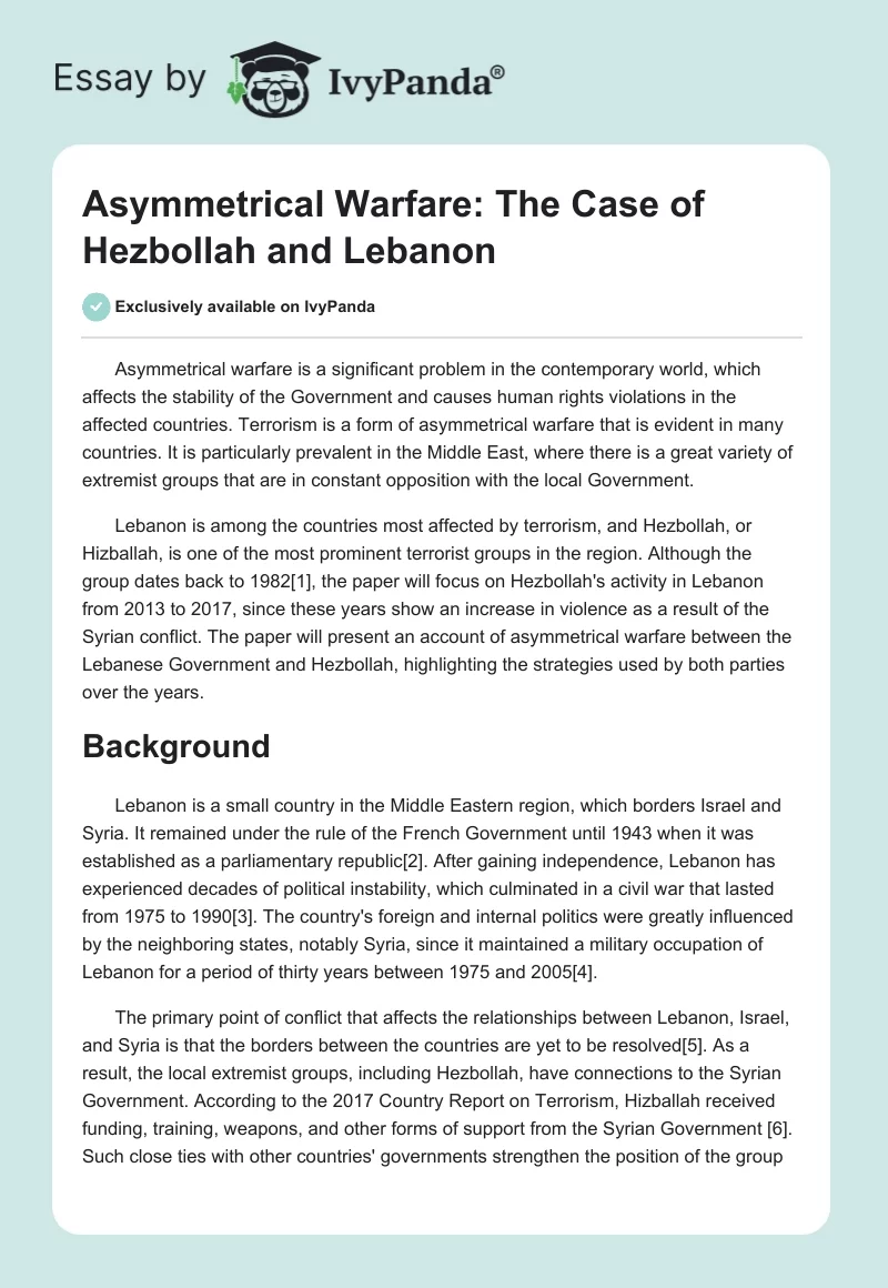Asymmetrical Warfare: The Case of Hezbollah and Lebanon. Page 1