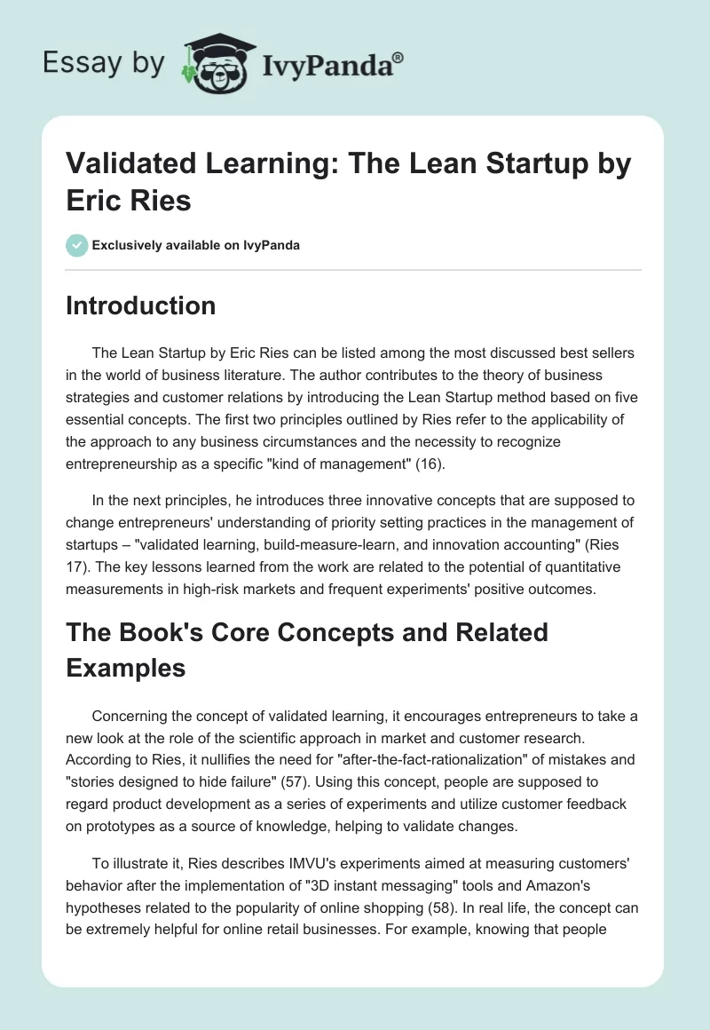 Validated Learning: "The Lean Startup" by Eric Ries. Page 1