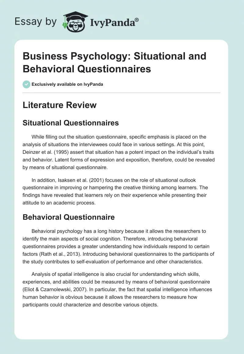 Business Psychology: Situational and Behavioral Questionnaires. Page 1