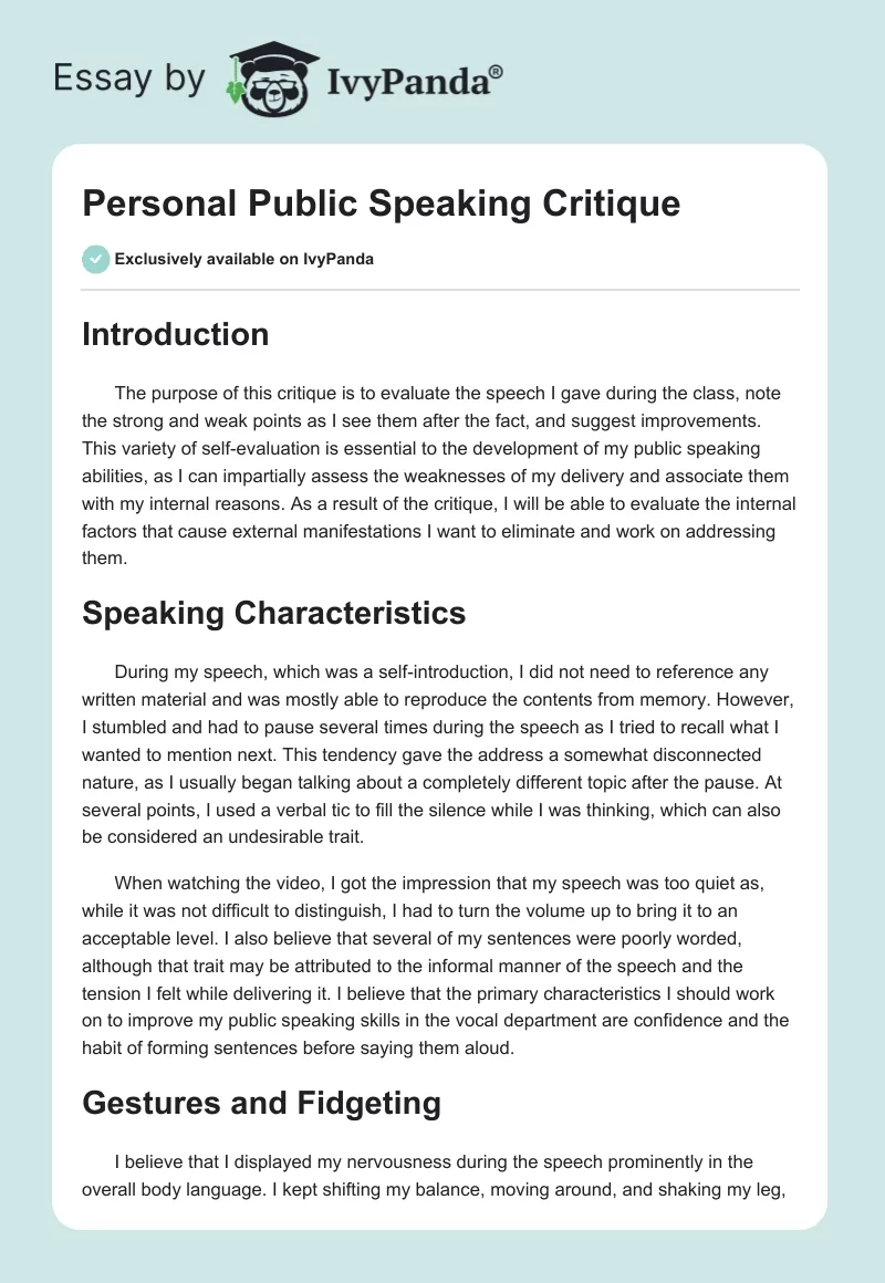Personal Public Speaking Critique. Page 1
