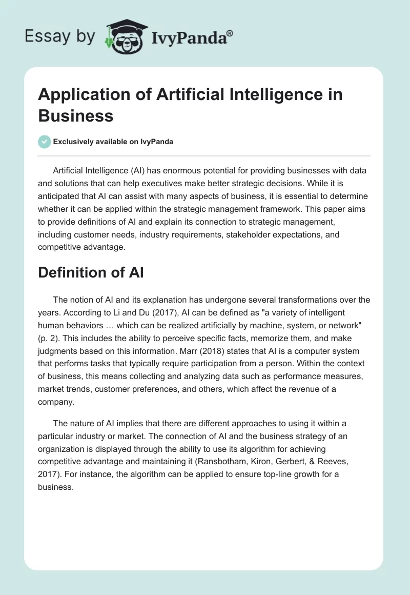 Application of Artificial Intelligence in Business. Page 1