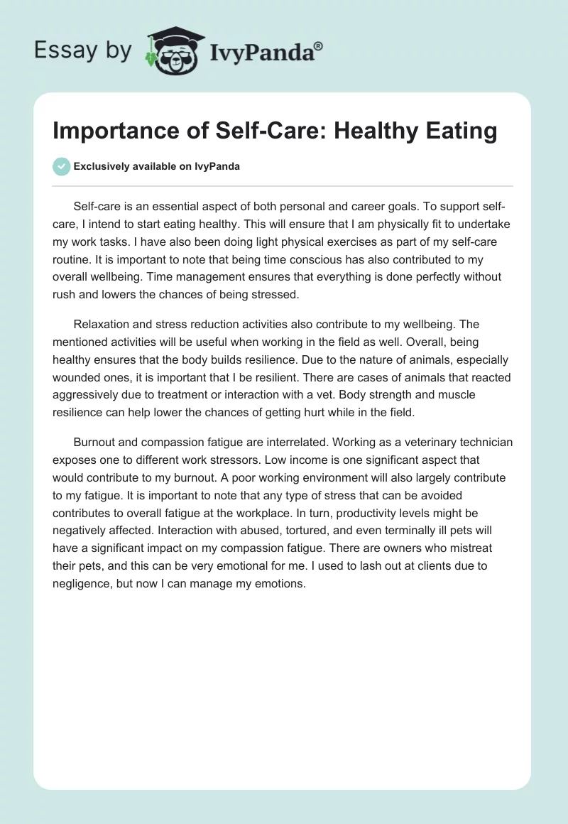 Importance of Self-Care: Healthy Eating. Page 1