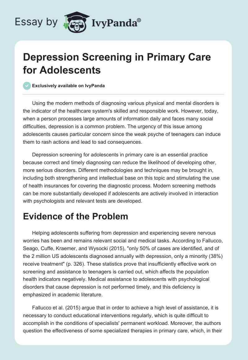 Depression Screening in Primary Care for Adolescents. Page 1