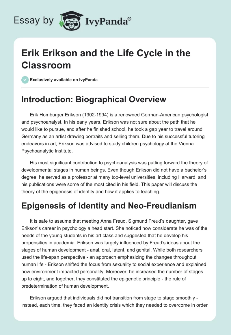 Erik Erikson and the Life Cycle in the Classroom. Page 1