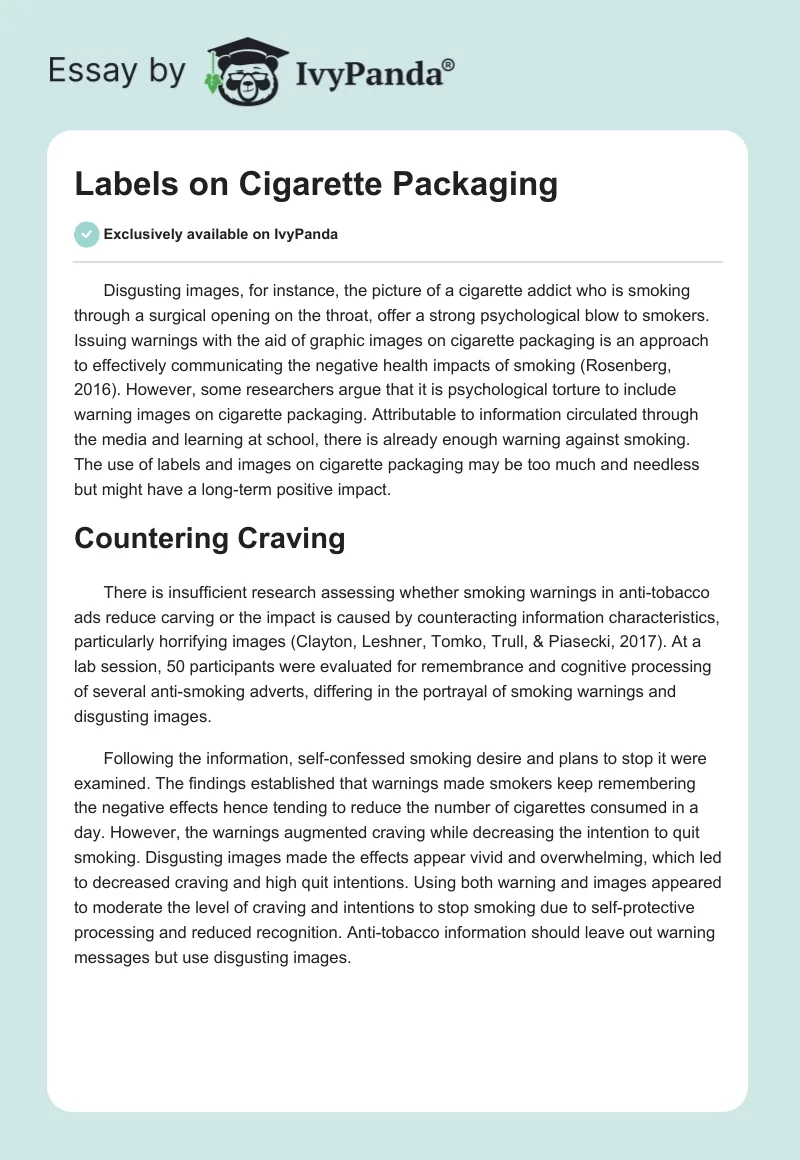 Labels on Cigarette Packaging. Page 1