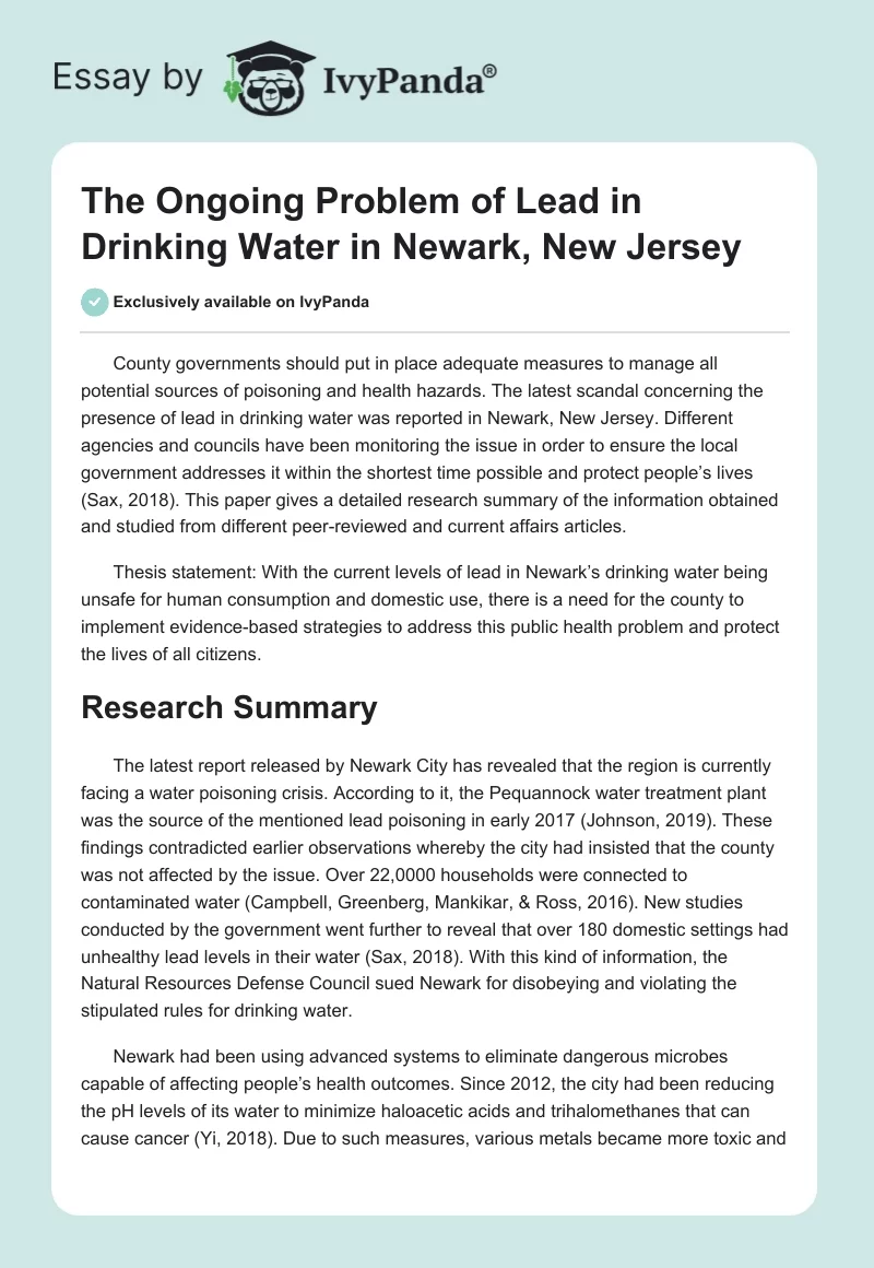 The Ongoing Problem of Lead in Drinking Water in Newark, New Jersey. Page 1