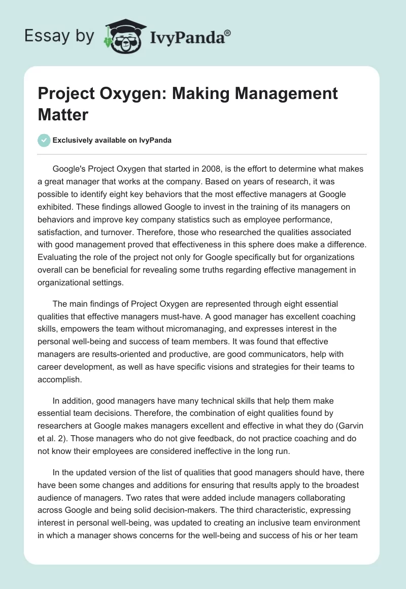 Project Oxygen: Making Management Matter. Page 1