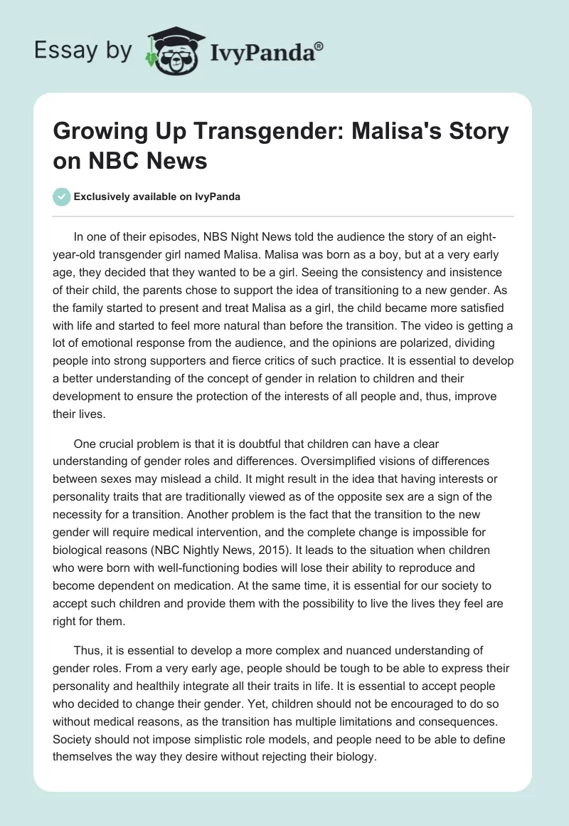Growing Up Transgender: Malisa's Story on NBC News. Page 1