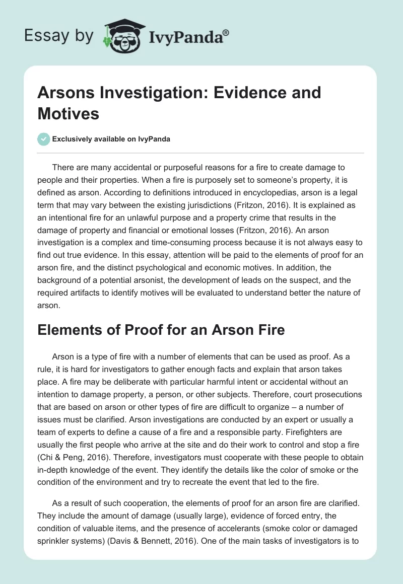Arsons Investigation: Evidence and Motives. Page 1