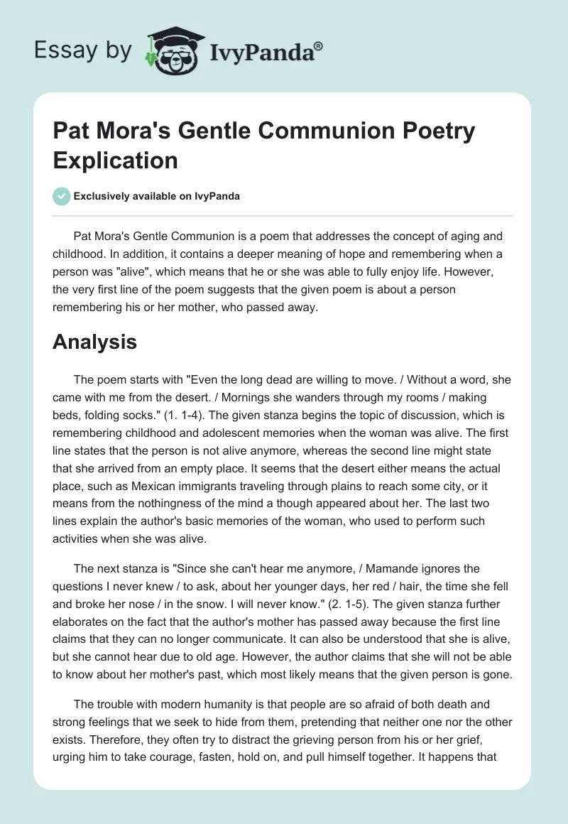Pat Mora's "Gentle Communion" Poetry Explication. Page 1