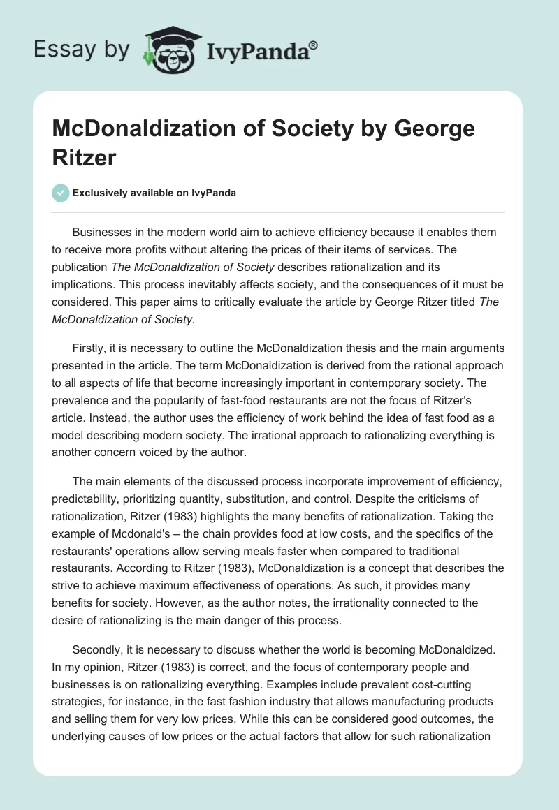 "McDonaldization of Society" by George Ritzer. Page 1
