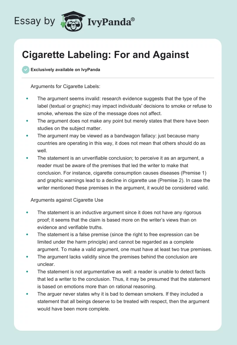 Cigarette Labeling: For and Against. Page 1