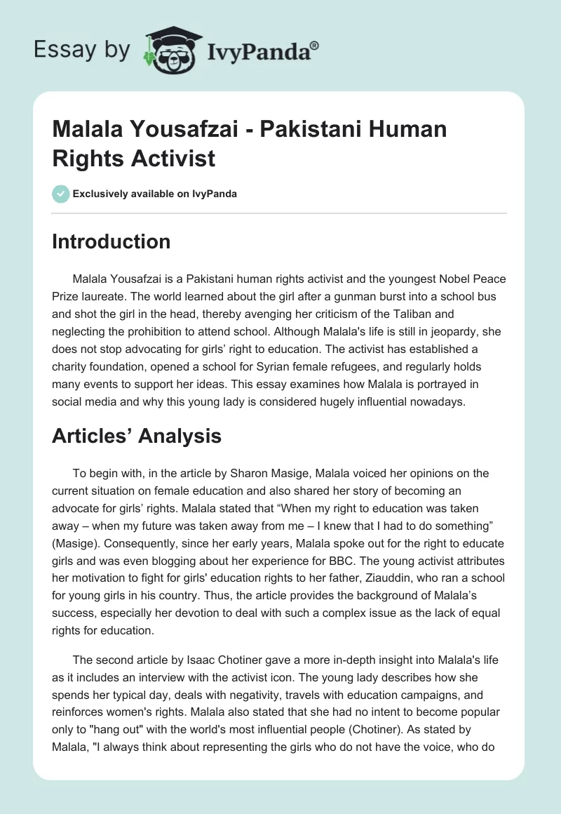 Malala Yousafzai - Pakistani Human Rights Activist. Page 1