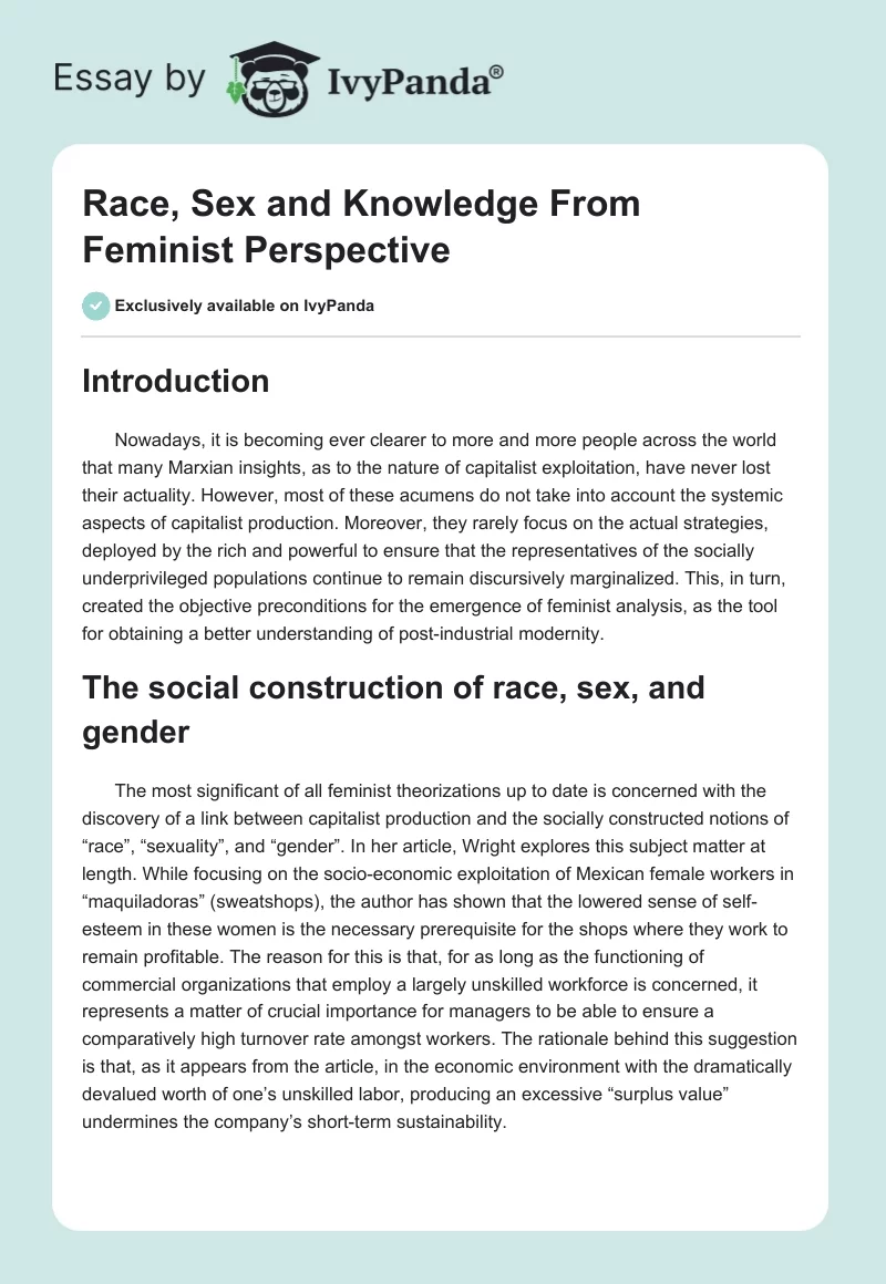 Race, Sex and Knowledge From Feminist Perspective. Page 1