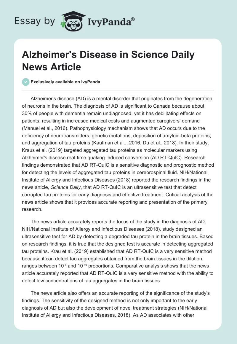 Alzheimer's Disease in Science Daily News Article. Page 1