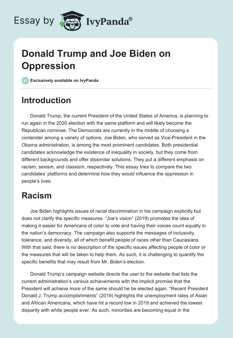 Donald Trump and Joe Biden on Oppression. Page 1