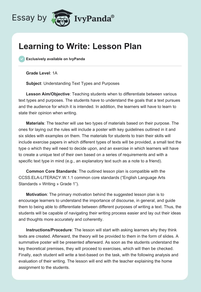 Learning to Write: Lesson Plan. Page 1