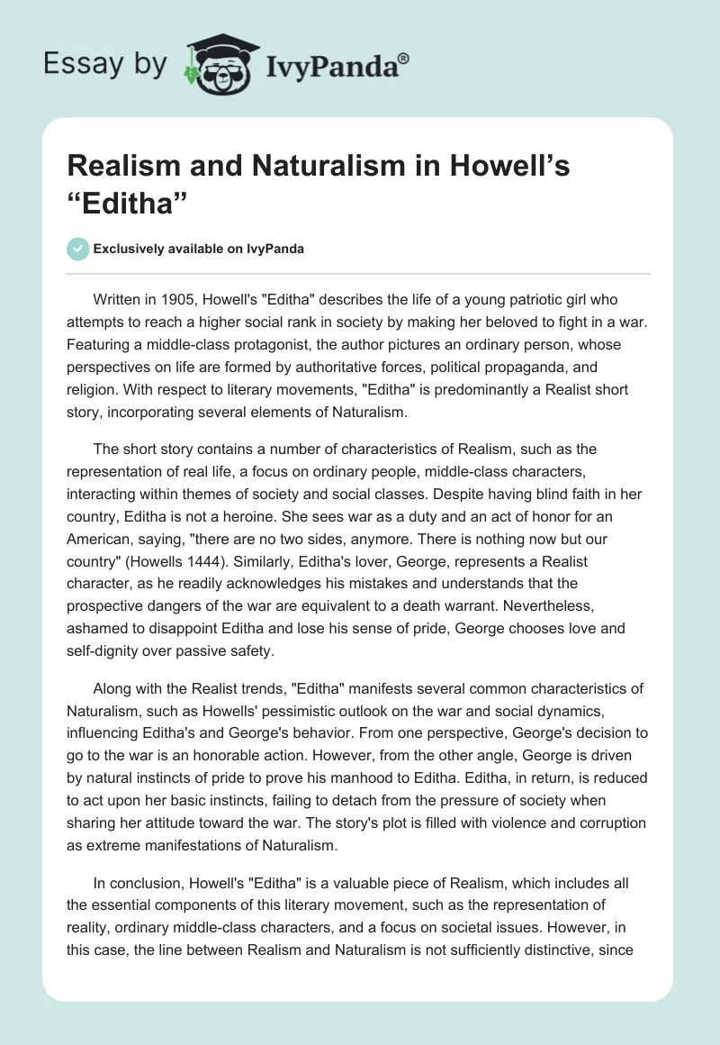 Realism and Naturalism in Howell’s “Editha”. Page 1