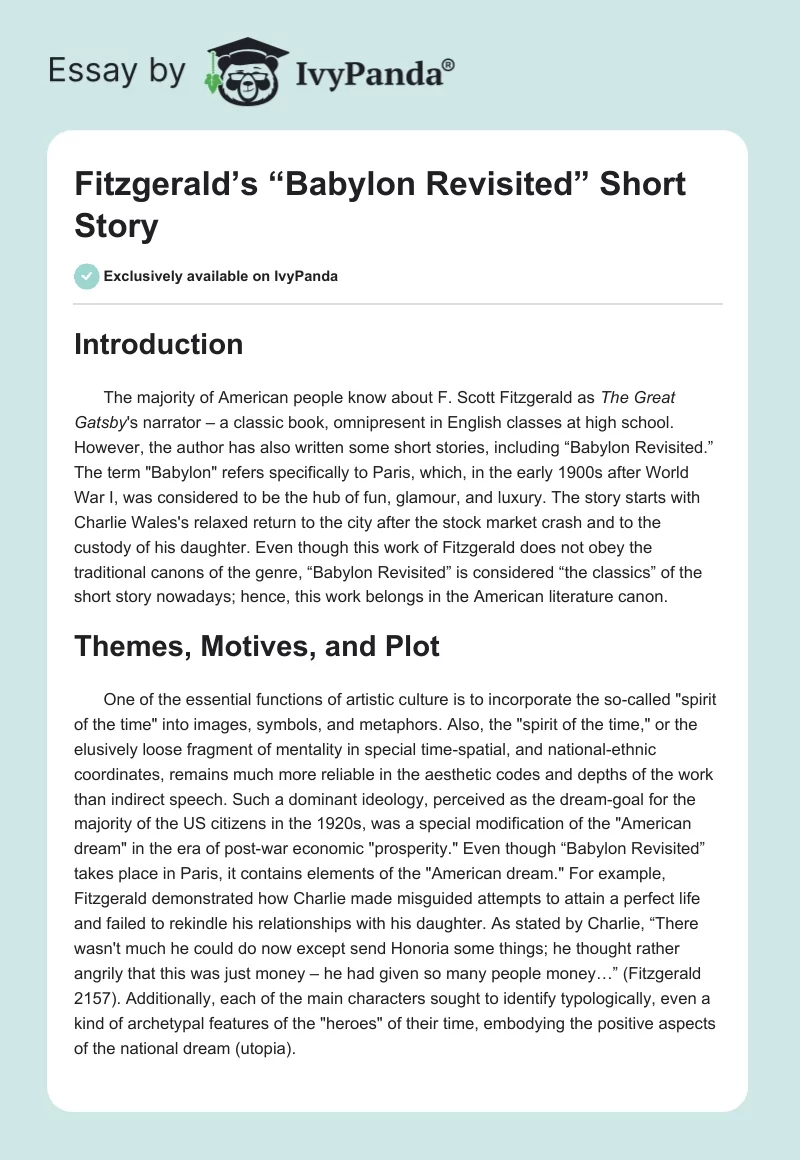 Fitzgerald’s “Babylon Revisited” Short Story. Page 1