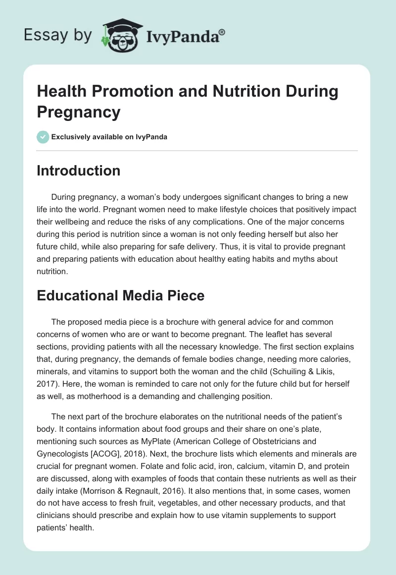 Health Promotion and Nutrition During Pregnancy. Page 1