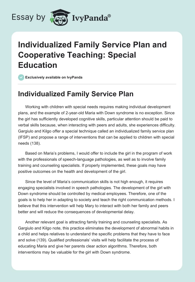 Individualized Family Service Plan and Cooperative Teaching: Special Education. Page 1