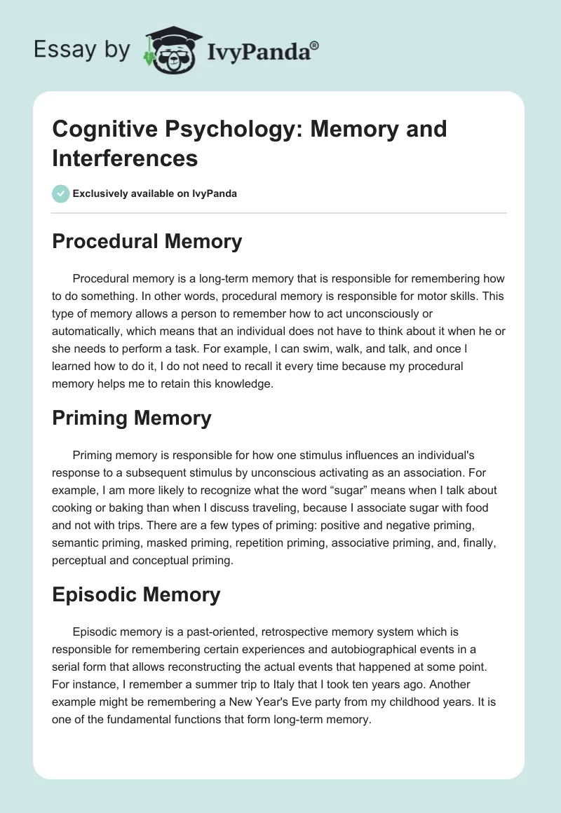 Cognitive Psychology: Memory and Interferences. Page 1