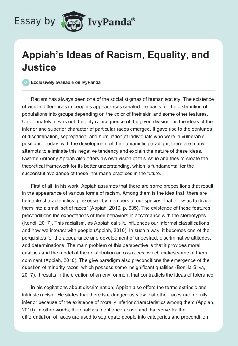Appiah’s Ideas of Racism, Equality, and Justice. Page 1