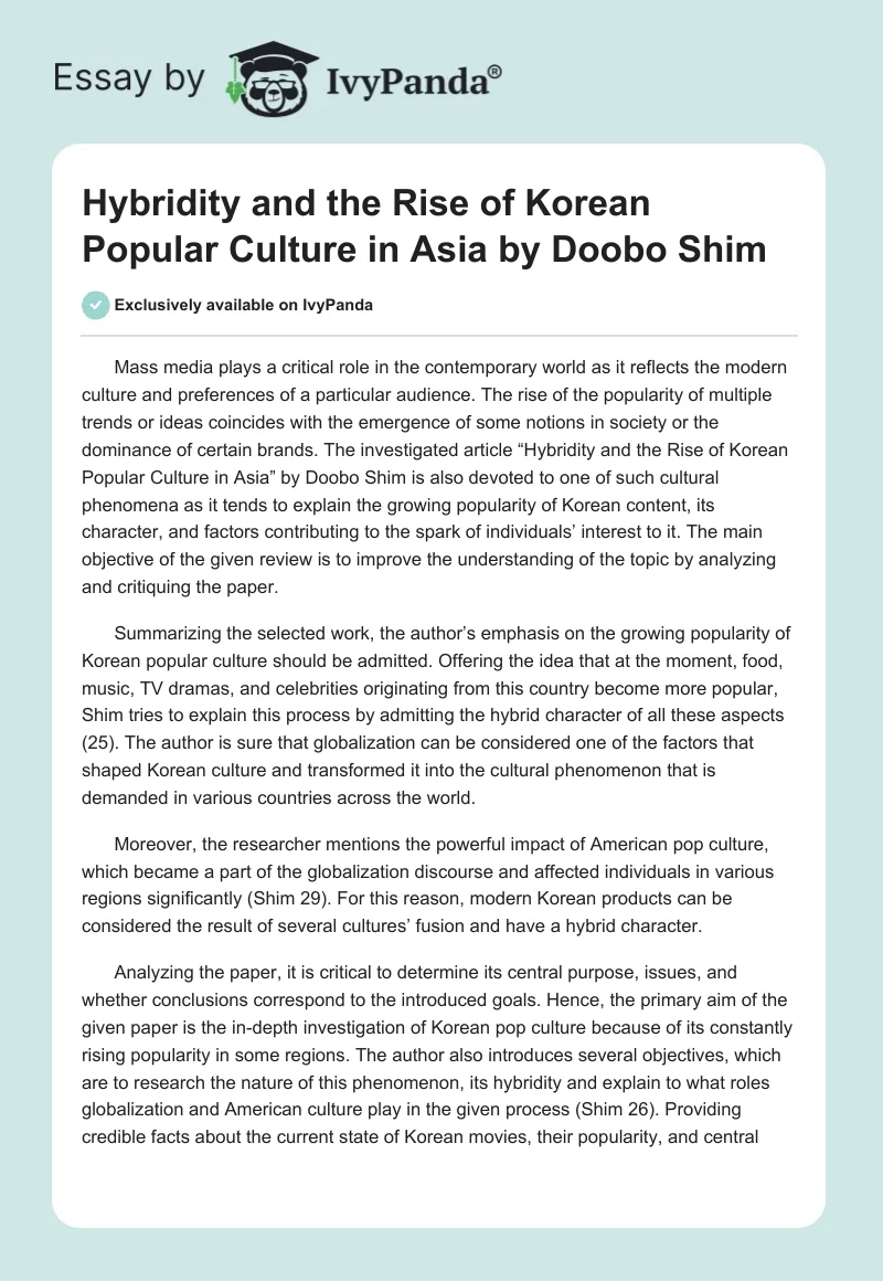 "Hybridity and the Rise of Korean Popular Culture in Asia" by Doobo Shim. Page 1