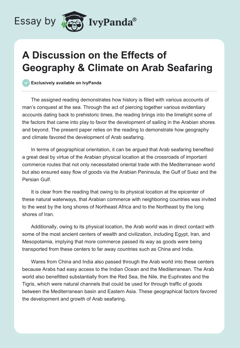 A Discussion on the Effects of Geography & Climate on Arab Seafaring. Page 1
