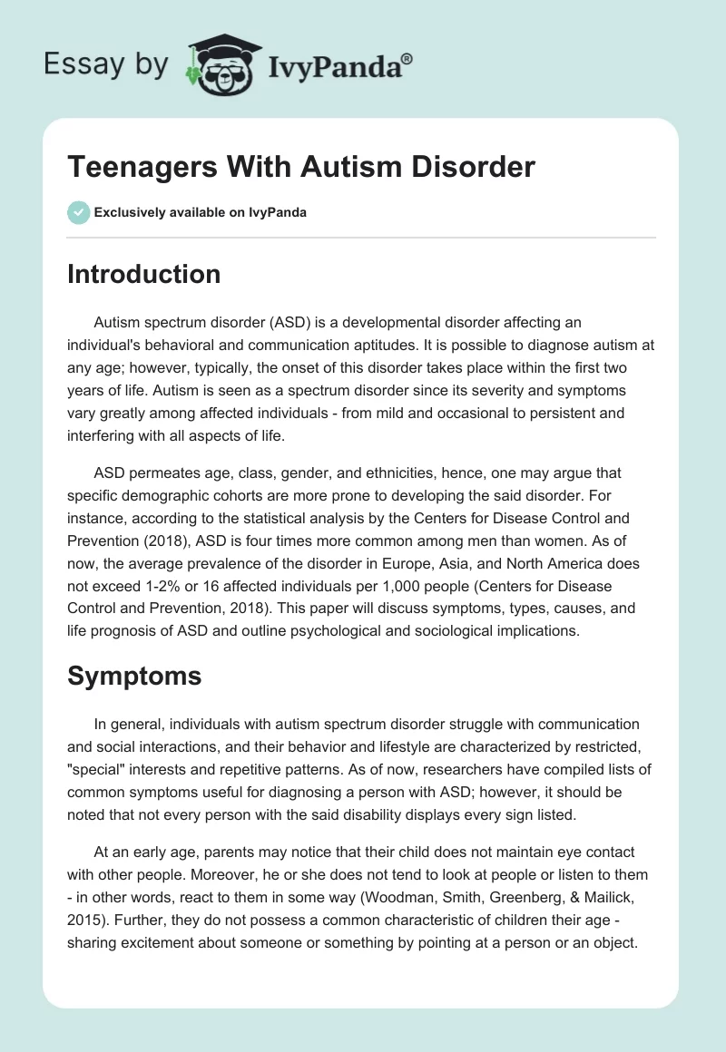 Teenagers With Autism Disorder. Page 1
