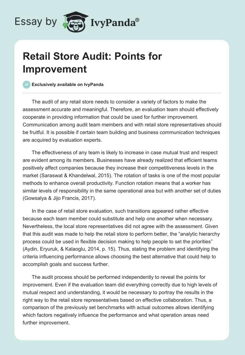 Retail Store Audit: Points for Improvement. Page 1
